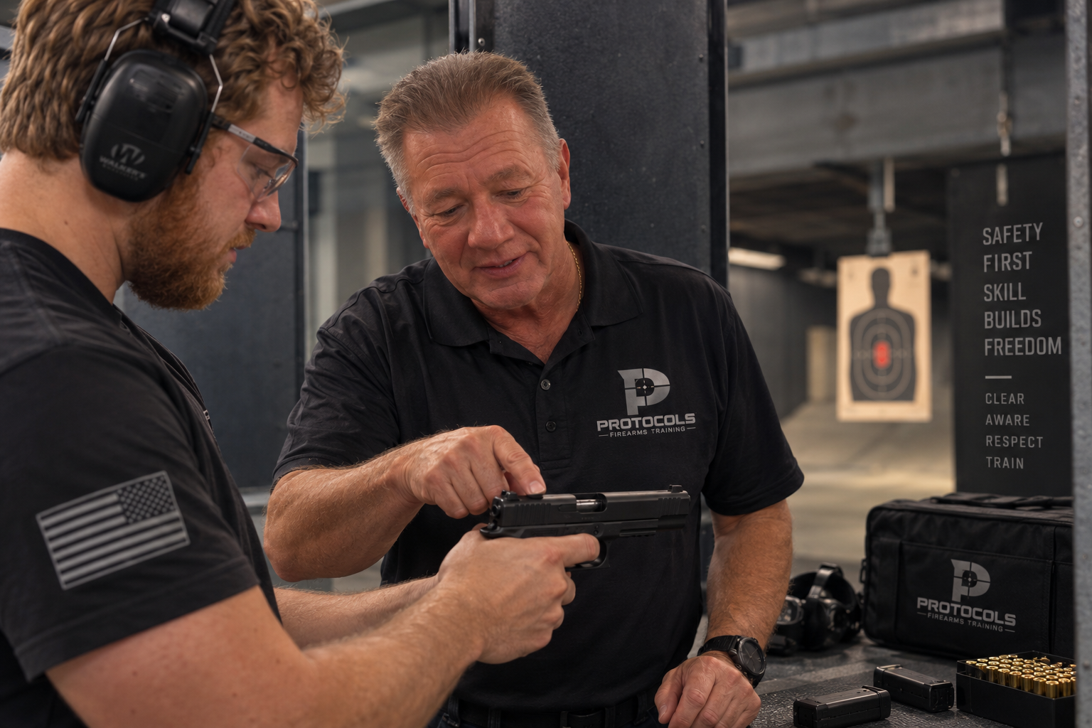 Rick Lapenna working with a student at an indoor range