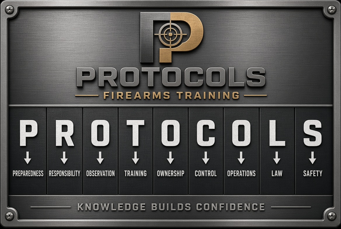 A metal PROTOCOLS plaque spelling out the nine principles, from Preparedness to Safety