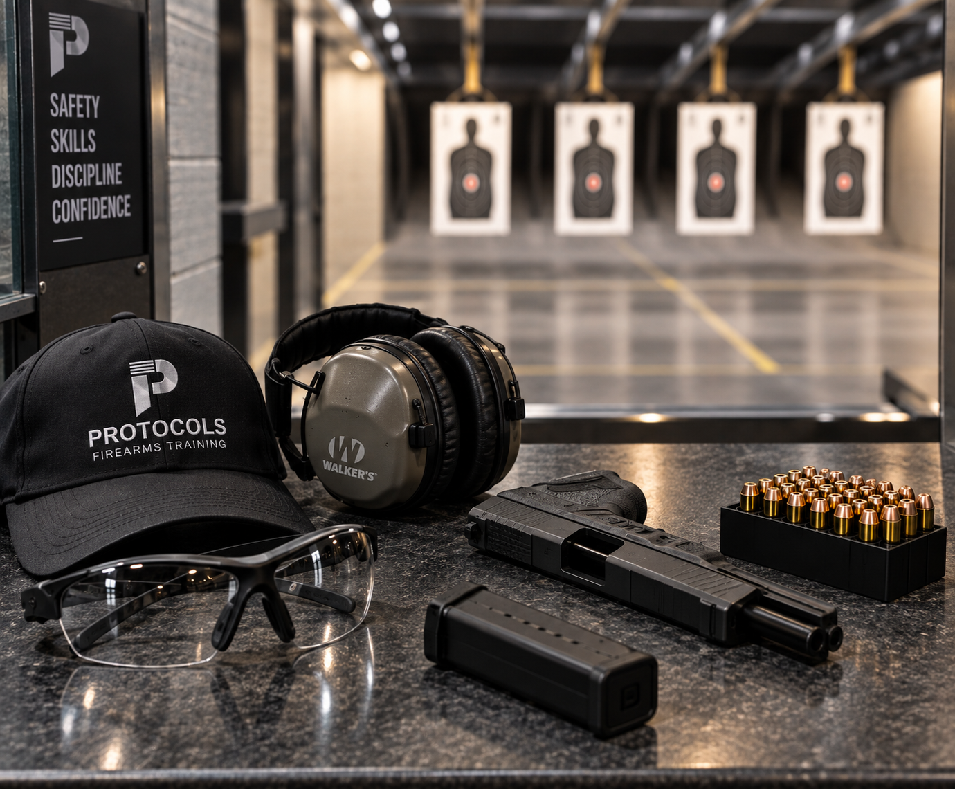 Safety equipment prepared at an indoor range